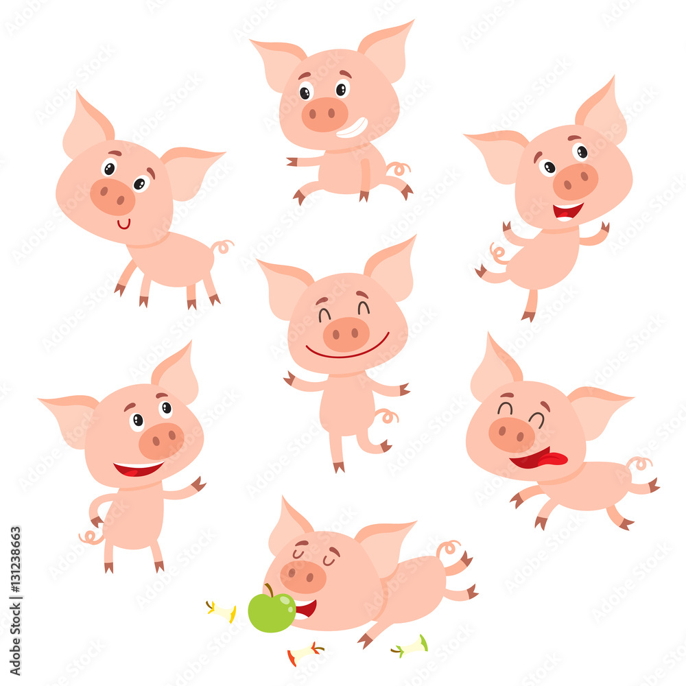 Funny little smiling pig in various poses, set of cartoon vector illustrations isolated on white background. Cute little pig standing, sitting, dancing, lying, eating, running happily,