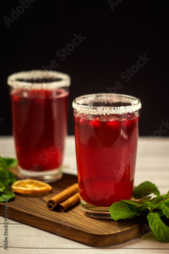Cranberry Mojito in glasses decorated with sugar. selective Focus