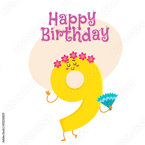 Happy birthday vector greeting card, poster, banner design with cute and funny nine number characters. nine smiling characters, happy birthday greeting card template