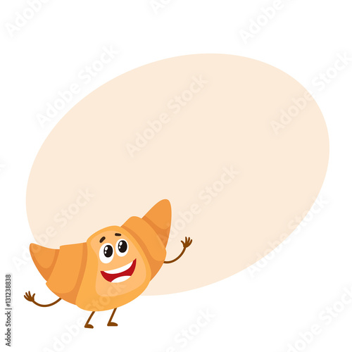 Funny croissant, bread roll character, cartoon style vector illustration isolated on background with place for text. Cute smiley freshly baked croissant character with eyes and legs