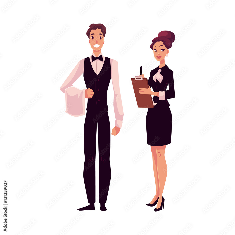 Young restaurant, cafe manager and a waiter, cartoon vector illustration isolated on white background. Full length portrait of restaurant manager, hostess in little black dress and waiter in uniform Young restaurant, cafe manager and a waiter, cartoon vector illustration isolated on white background. Full length portrait of restaurant manager, hostess in little black dress and waiter in uniform