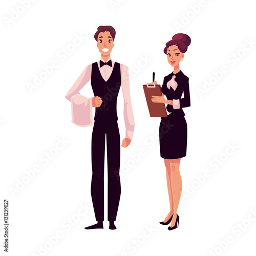Young restaurant, cafe manager and a waiter, cartoon vector illustration isolated on white background. Full length portrait of restaurant manager, hostess in little black dress and waiter in uniform