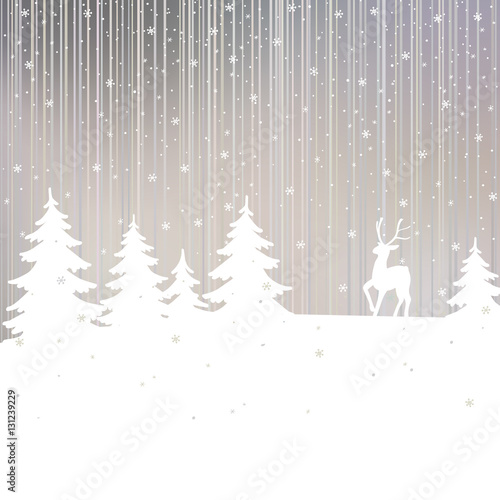 Christmas background. Winter landscape with deer. White fairy forest.