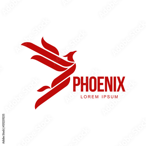 Stylized graphic phoenix bird flying with expanded wings logo template, vector illustration isolated on white background. Phoenix bird logotype template, freedom, development, creativity concept
