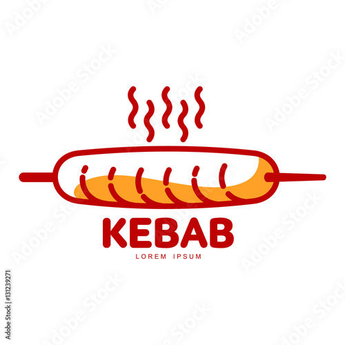 Stylized hot, freshly grilled Turkish kebab logo template, vector illustration isolated on white background. Creative two-colored kebab, logotype template, traditional Turkish fast food