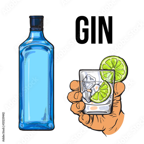 Blue gin bottle and hand holding glass with ice and lime, icolated sketch vector illustration. Realistic hand drawing of unlabeled, unopened bottle and gin on rocks cocktail for posters, postcards