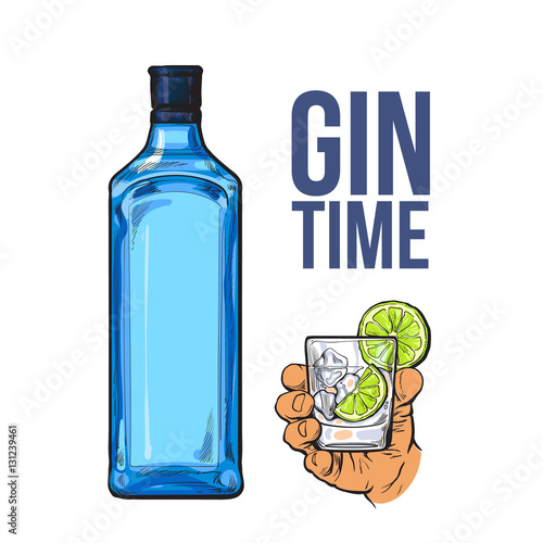 Blue gin bottle and hand holding glass with ice and lime, icolated sketch vector illustration. Realistic hand drawing of unlabeled, unopened bottle and gin on rocks cocktail for posters, postcards