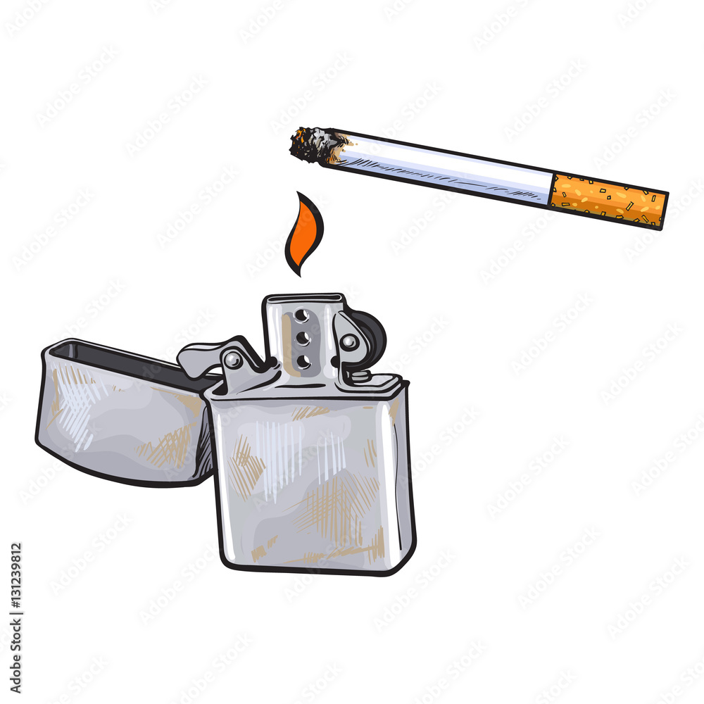 Silver metal lighter and burning cigarette, sketch vector illustration  isolated on white background. Realistic hand-drawing of silver colored  metal lighter used to lit a cigarette Stock Vector