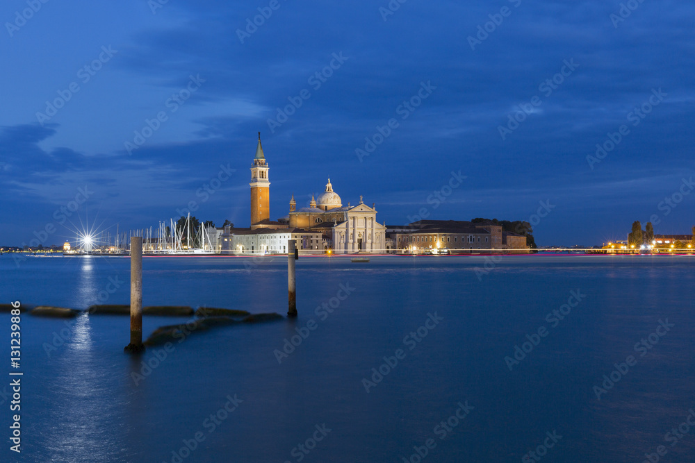 Church of San Giorgio Maggiore at night in Venice, Italy.