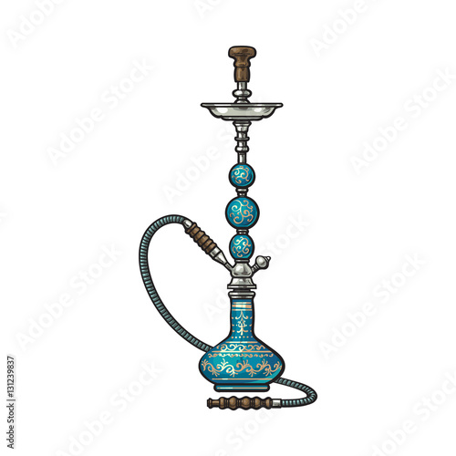 Blue Eastern, Turkish, Arabic, Persian glass and metal hookah, sketch vector illustration isolated on white background. Realistic hand-drawing of blue colored hookah, smoking attribute