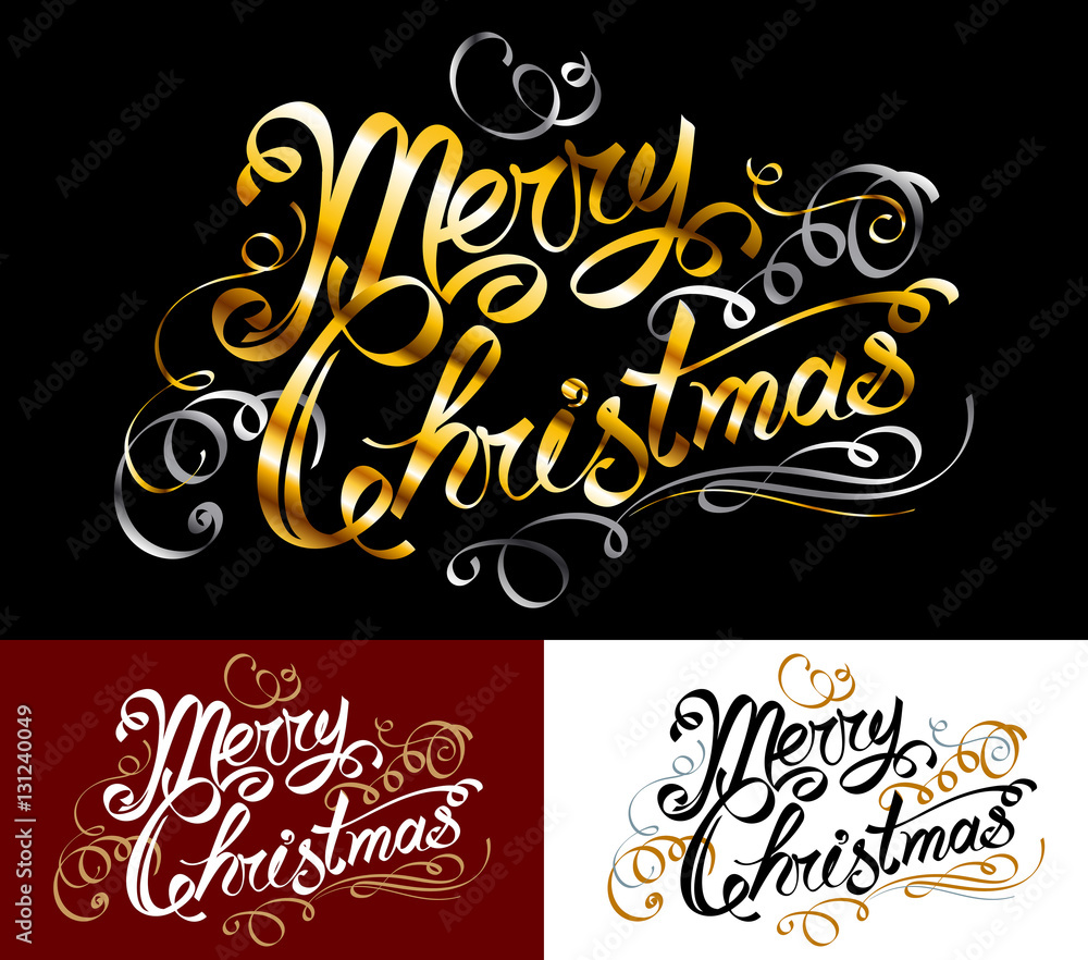 Merry Christmas text; Congratulatory inscription; Hand-drawn ink words; Lettering in old vintage design with vignettes, monograms and decorations; Golden ribbons; Vector set of greeting phrase Eps8