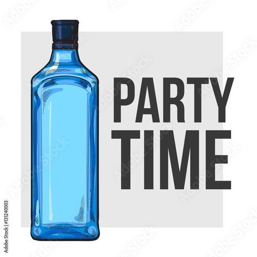 Traditional blue gin glass bottle, sketch style vector illustration for poster, banner, invitation template. Realistic hand drawing of an unlabeled, unopened blue gin bottle, party time concept