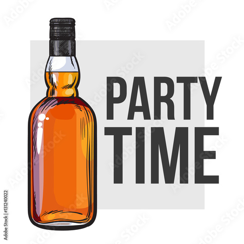 whiskey bottle, sketch style vector invitation, banner, poster template. Realistic hand drawing of an unlabeled, unopened whiskey bottle, party time concept