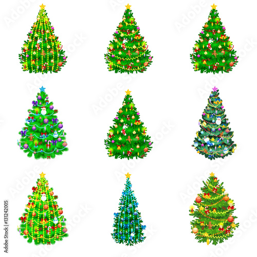 set of holiday decorated christmas tree isolated for celebrate xmass with ball gold bells candles stars lights candy and gingerbread men, glowing decor on fir branches