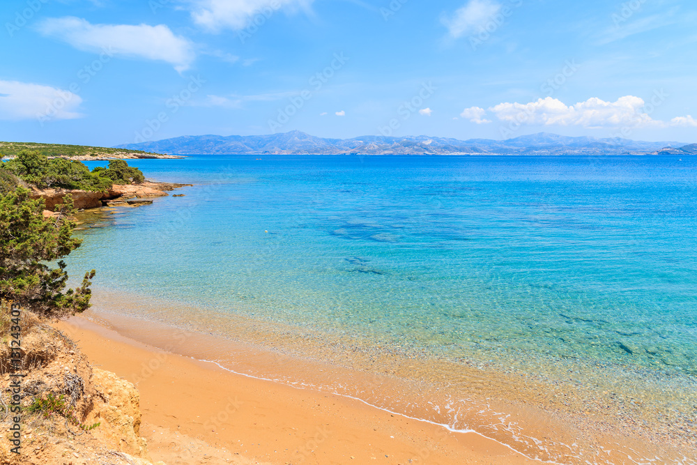 View of beautiful beach in small bay on Paros island, Greece