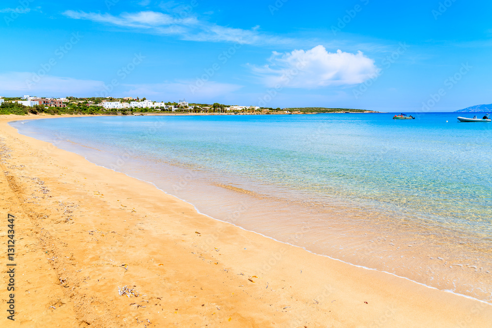 View of beautiful sandy Santa Maria beach with azure sea water on coast of Paros island, Greece