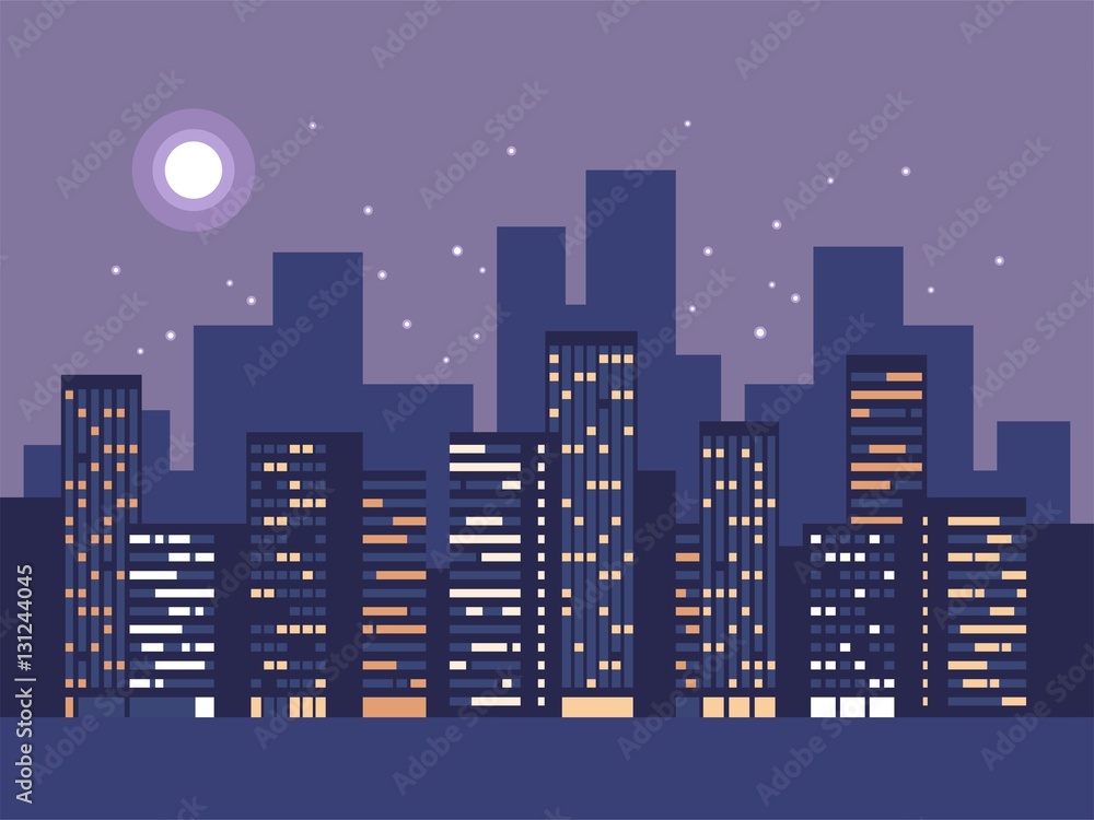 Night city background. Silhouette with stars and moon at the sky ...