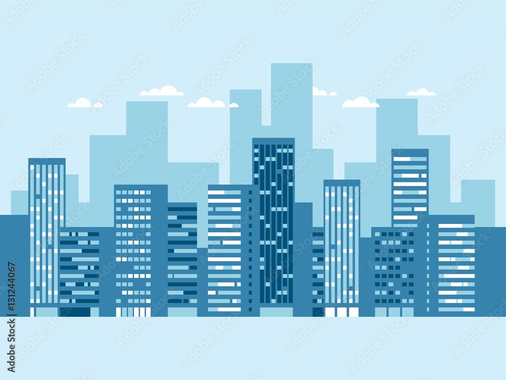 Urban landscape with buildings and clouds. Blue city silhouette. Cityscape background. Vector illustration.