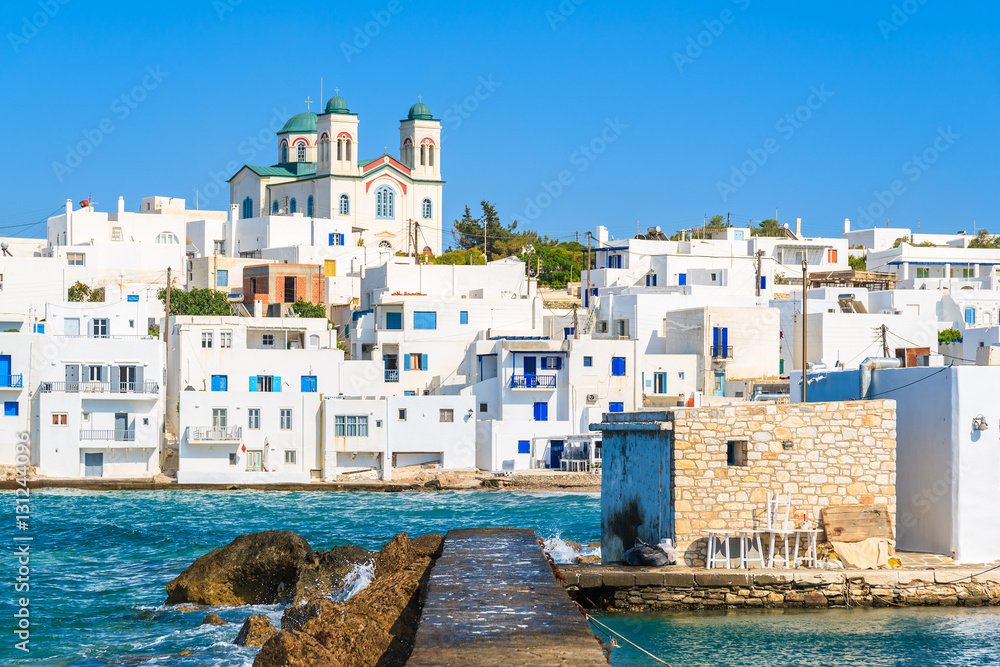 Fototapeta premium View of church in Naoussa port, Paros island, Greece