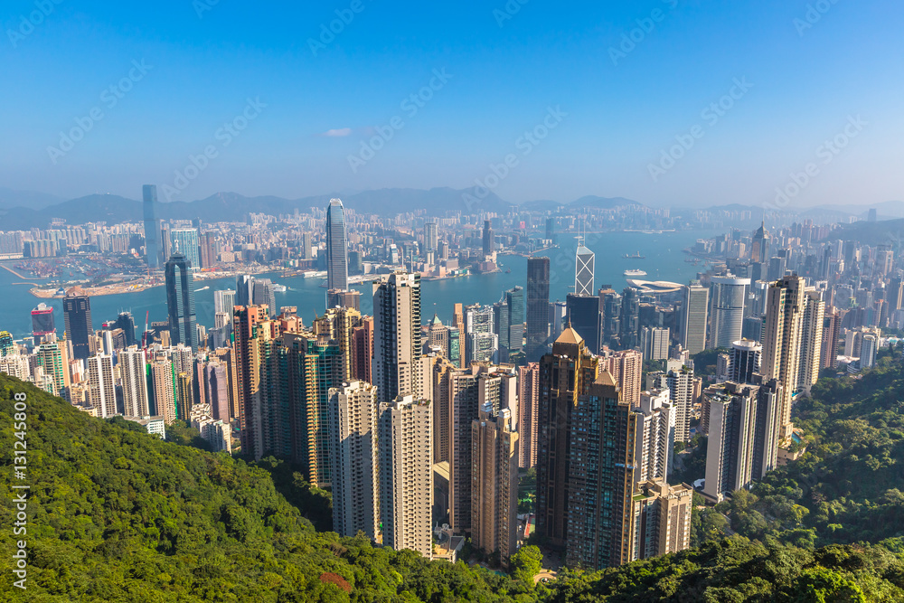 Aerial view of Victoria Harbour and skyscrapers from Lugard Road Lookout, the panoramic point most photographed within the Peak Circle Walk. The Victoria Peak, the highest mountain in Hong Kong Island