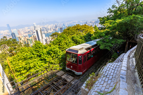 The popular red Peak Tram to Victoria Peak, the highest peak of Hong Kong island. Tourist tram with panoramic city skyline in the background in a sunny day.