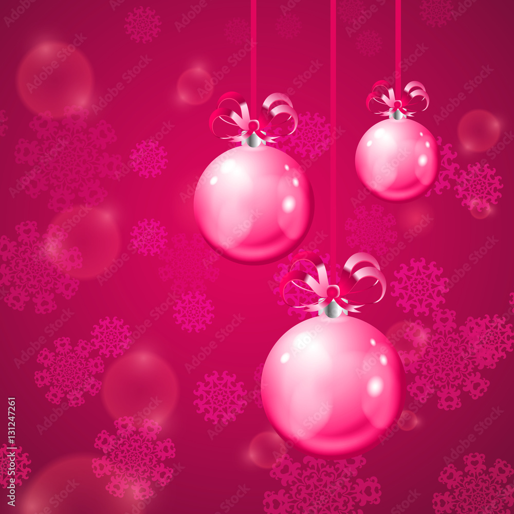 Fototapeta premium Christmas balls on pink background with snowflakes