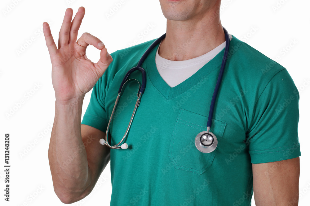 Portrait an unknown male doctor with a stethoscope showing thumb up isolated on white background. Health care and medical concept.