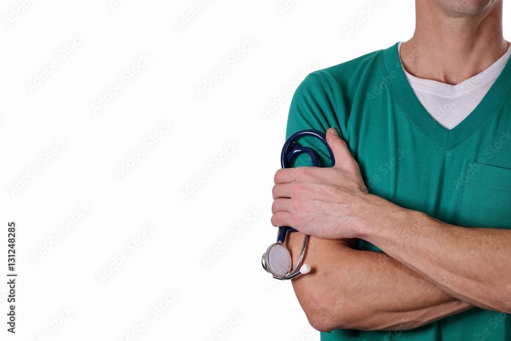 Fototapeta premium Portrait an unknown male doctor with a stethoscope isolated on white background. Health care and medical concept.