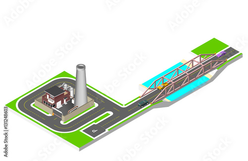 Isometric bridge with a road, cars and factory building with a pipe, cisternae, fence with a barrier. Vector illustration isolated on white background.