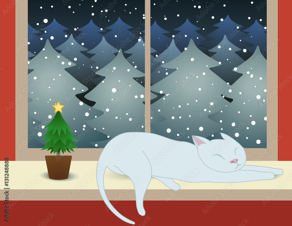 Cat and fir-trees in christmas night