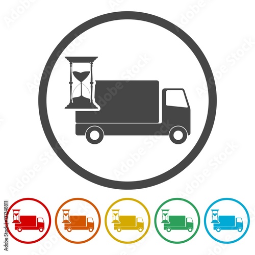 Truck with clock, fast delivery icons set 
