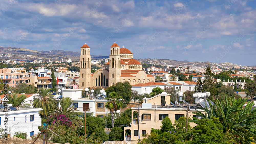 The panorama of Paphos with Agioi Anargyroi Orthodox Cathedral, Cyprus.