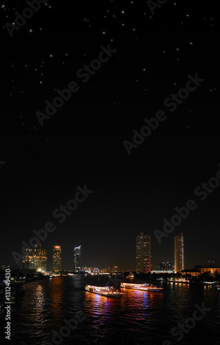Photography Bangkok night riverside with starry sky