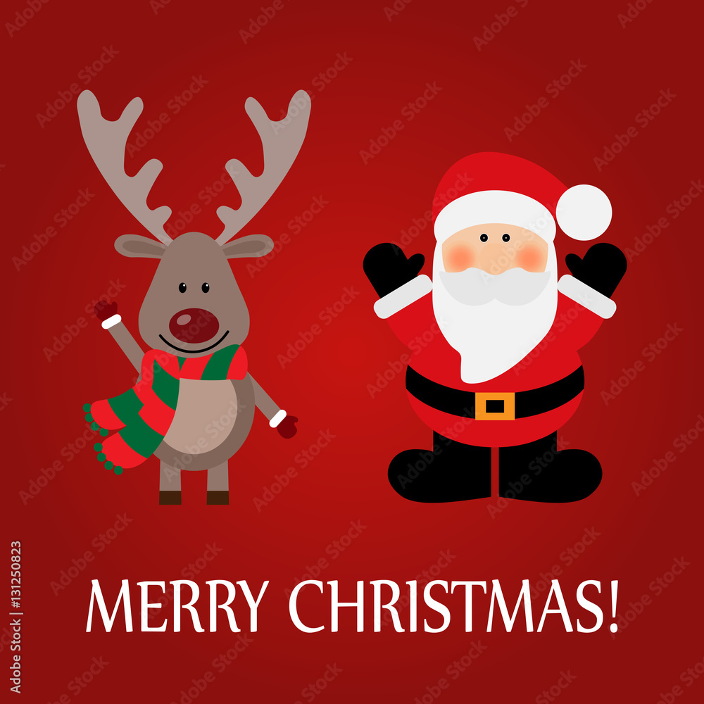 Christmas greeting card with a deer and Santa Claus on a red background Christmas greeting card with a deer and Santa Claus on a red background