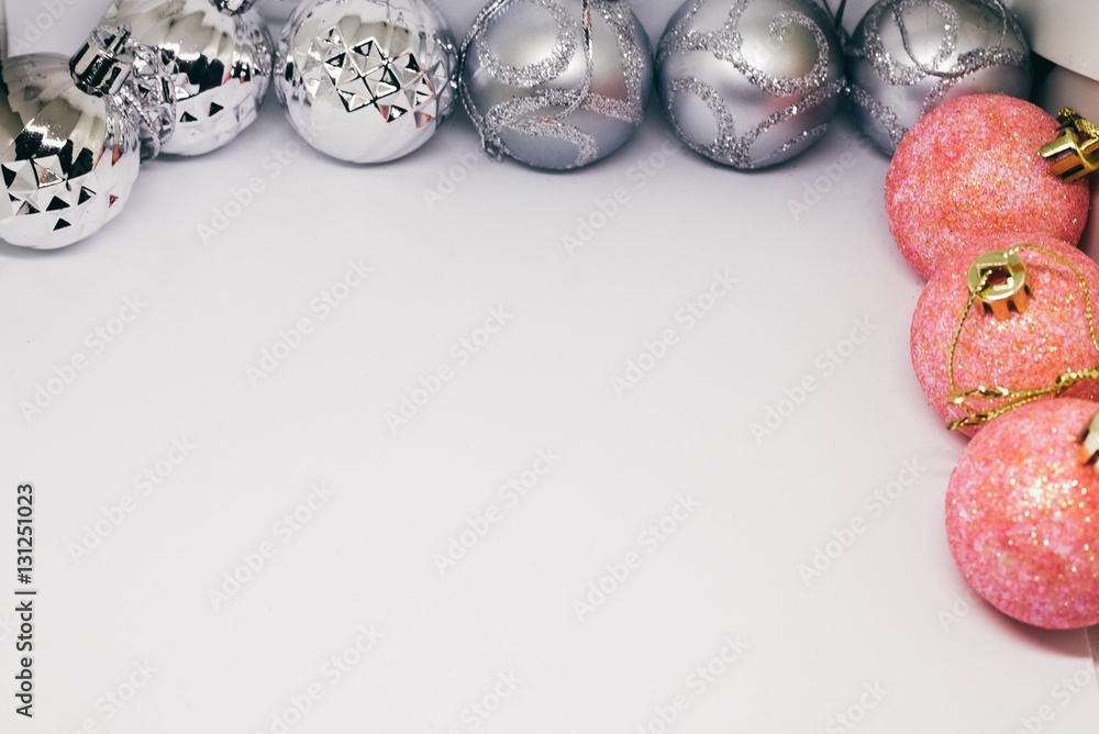 pink and silver Christmas decorations isolated on white background