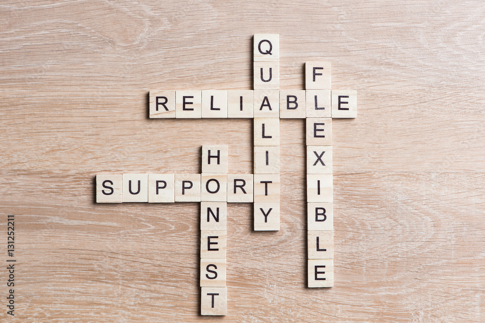 Conceptual business keywords on table with elements of game making crossword Conceptual business keywords on table with elements of game making crossword