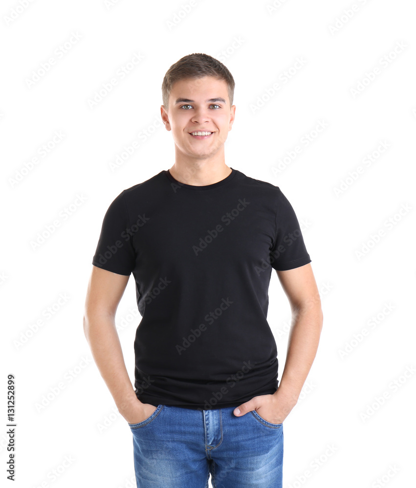 Handsome young man in blank black t-shirt on white background Handsome young man in blank black t-shirt on white background