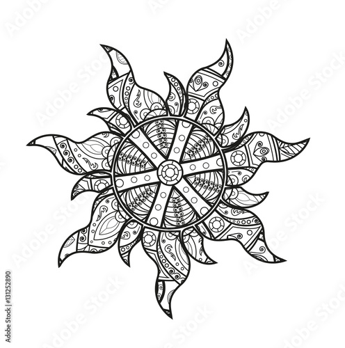 Vector illustration of a black and white mandala sun for coloring book, sole mandala in bianco e nero da colorare vettoriale