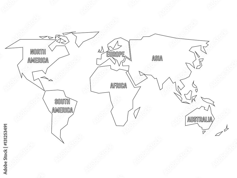 Naklejka premium Simplified black outline of world map divided to six continents with labels. Simple flat vector illustration on white background.