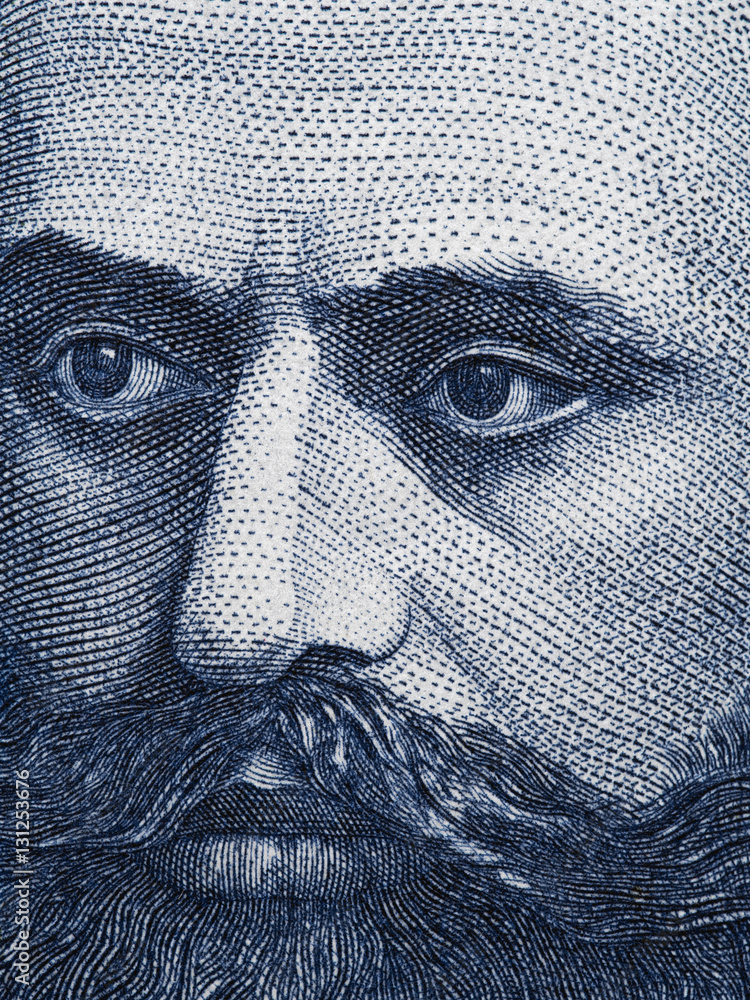 Theodor Herzl (1860 - 1904) portrait on old Israeli 10 shekel banknote extreme macro.