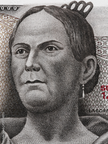 Josefa Ortiz de Dominguez (1773 - 1829) portrait on on Mexico 5 pesos (1971) banknote closeup macro, Mexican money. photo