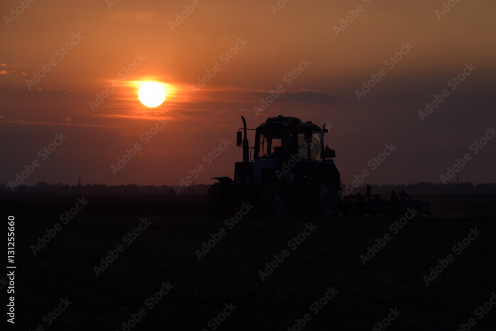 Fototapeta premium Tractor plowing plow the field on a background sunset. tractor silhouette on sunset background