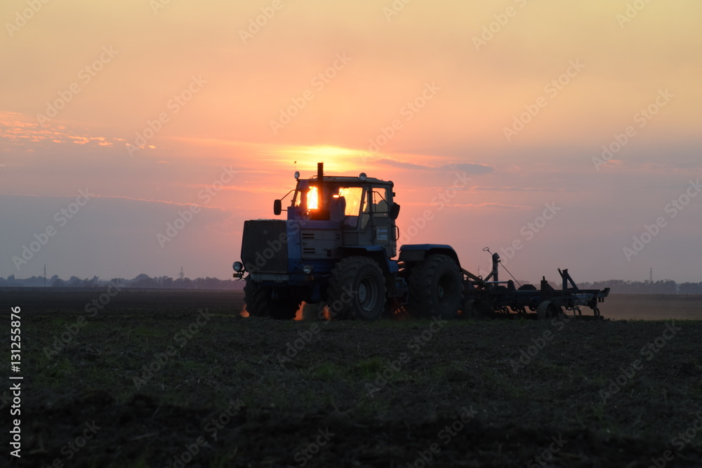 Fototapeta premium Ciągnik orka orze pole na tle zachodu słońca. sylwetka ciągnika na tle zachodu słońca
