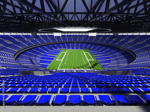 3D render of a round football stadium with blue seats for hundred thousand fans