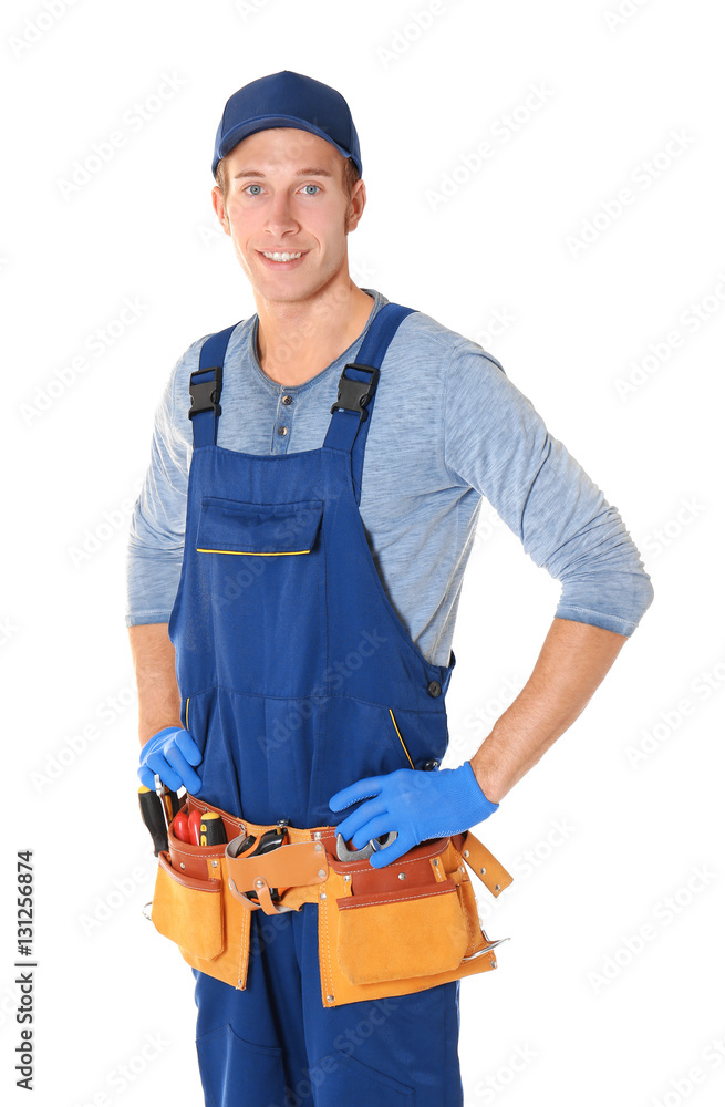 Plumber with tools on white background Plumber with tools on white background