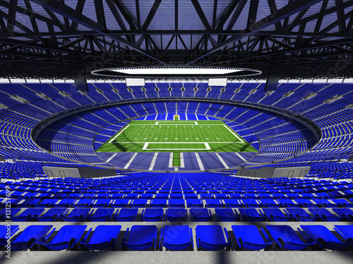 3D render of a round football stadium with blue seats for hundred thousand fans