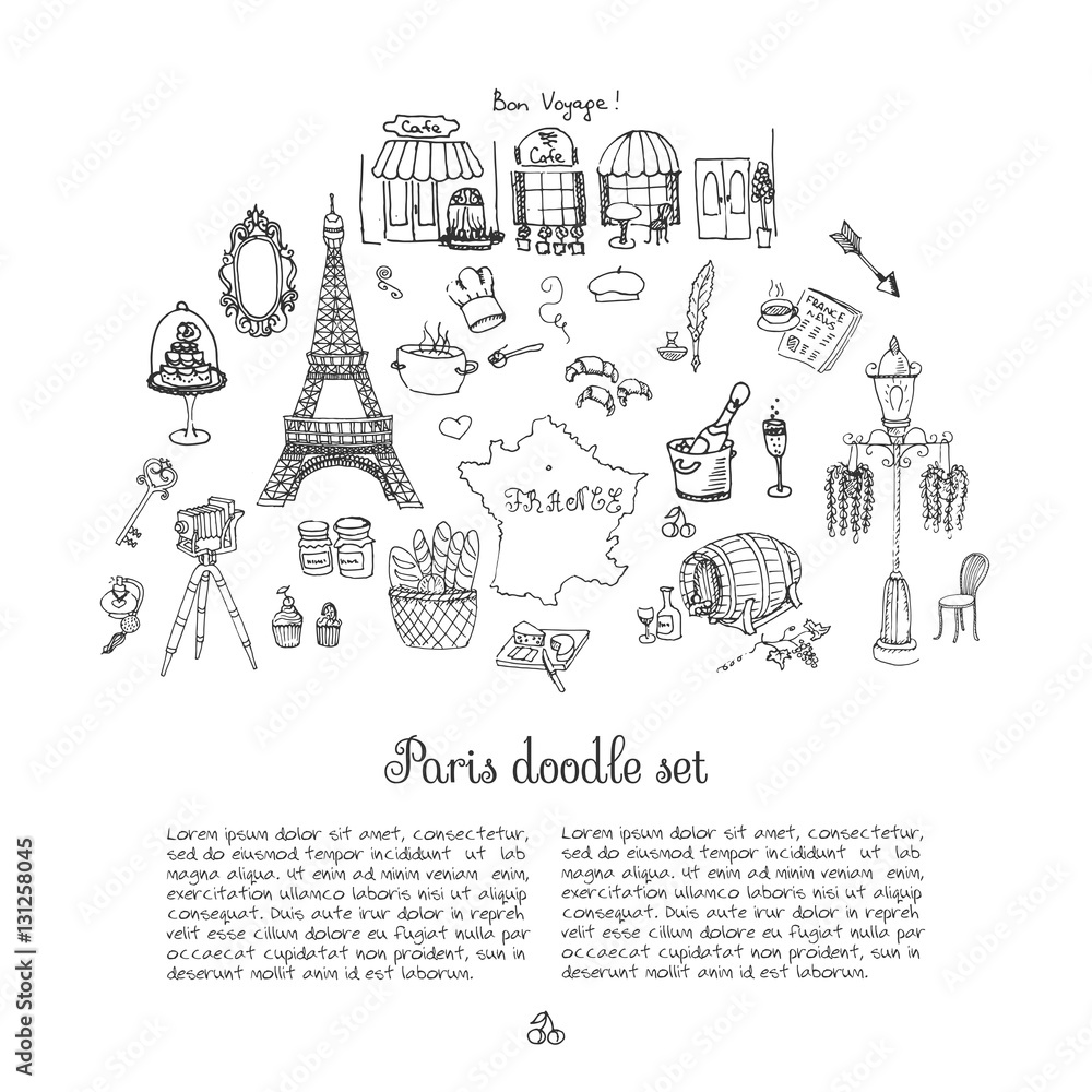 Set of hand drawn French icons, Paris sketch illustration, doodle elements, Isolated national elements made in vector. Travel to France icons for cards web pages, Paris symbols collection Eiffel tower