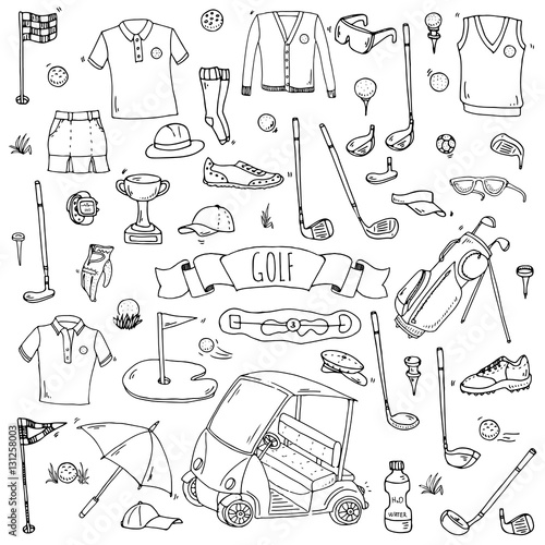Hand drawn doodle Golf icons set. Vector illustration. Game collection. Cartoon golfing various sketch elements: clubs, tee, bag, cart, sport cloth, shoes, polo shirt, umbrella, flag, hole, grass.