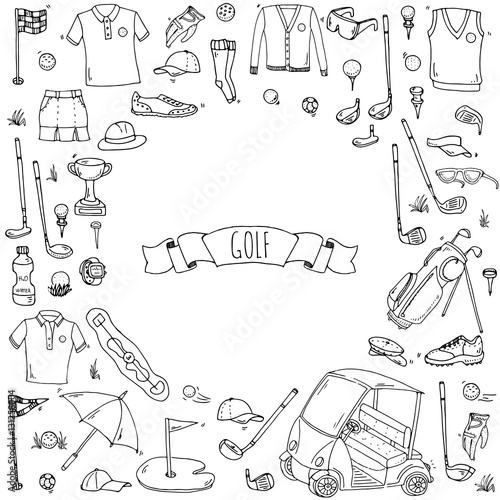 Hand drawn doodle Golf icons set. Vector illustration. Game collection. Cartoon golfing various sketch elements: clubs, tee, bag, cart, sport cloth, shoes, polo shirt, umbrella, flag, hole, grass.