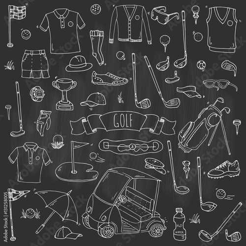 Hand drawn doodle Golf icons set. Vector illustration. Game collection. Cartoon golfing various sketch elements: clubs, tee, bag, cart, sport cloth, shoes, polo shirt, umbrella, flag, hole, grass.